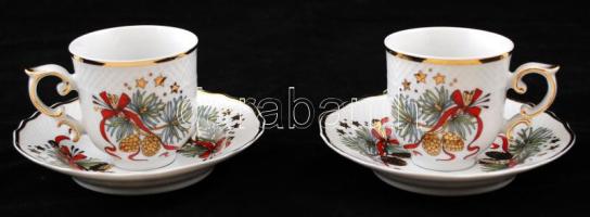 Hollóházi karácsonyi mintás kávéscsésze, 2 db, csészealjjal, hibátlan, jelzett