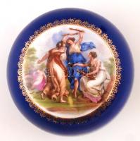 Zsolnay kék bonbonier mitológiai jelenettel, matricás, apró mázhibával, jelzett, d: 9 cm, m: 6 cm
