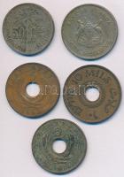 Vegyes: Belga Kongó 1927. 50c Cu-Ni belga felirat + Kelet-Afrika 1936. 5c Br + 1942. 5c Br + Palesztina 1942. 10m Br + Uganda 1966. 1Sh Cu-Ni T:2-,3 Mixed: Belgian Congo 1927. 50 Centimes Cu-Ni Belgian legend + East Africa 1936. 5 Cents Br + 1942. 5 Cents Br + Palestine 1942. 10 Mils Br + Uganda 1966. 1 Shilling Cu-Ni C:VF,F