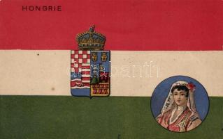 Hungarian flag, coat of arms and folklore, litho
