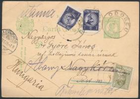 Díjkiegészített díjjegyes levelezőlap Magyarországra, továbbküldve Suplementary PS-card to Hungary, ...