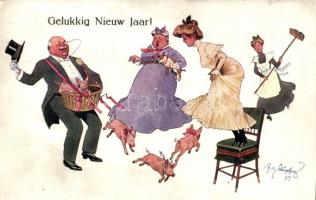 Gelukkig Nieuw Jaar! / New Year, humour, B.K.W.I. 2784-5. s: Schönpflug (wet corner)