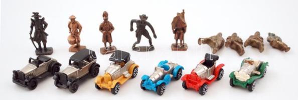 Kis játék tétel: 6 db kisautó(4x2 cm), 9 db bronz katona figura, m: 4 cm