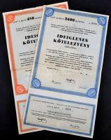 Budapest 1946. "Ideiglenes Kötelezvény - Budapest Székesfőváros" 480K-ról és 2400K-ról szelvényutalványokkal T:III