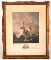 cca 1800-1880 La fuite &#224; dessein, a megtervezett szökés, színezett rézmetszet, Jean-Honoré Fragonard (1732-1806) festménye alapján metszette Charles François Adrien Macret (1751-1789) és Jacques Couché (1750-1800[?]), papír, üvegezett, díszes fa keretben, 29,5×24,5 cm