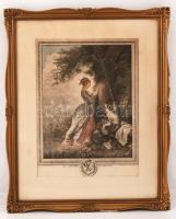 cca 1800-1880 La chiffre d'amour, színezett rézmetszet, Jean-Honoré Fragonard (1732-1806) festménye alapján metszette Nicolas de Launay (1739-1792), papír, üvegezett, díszes fa keretben, 36,5×27 cm