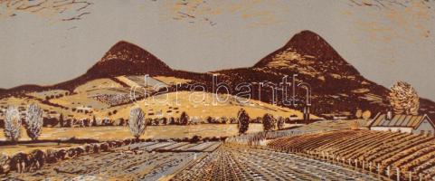 Csavlek András (1942-): Gulács és a Tóti-hegy. Színes linómetszet, papír, jelzés nélkül, 19×43 cm