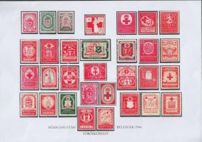 1944-es Közigazgatási Vöröskereszt bélyegeket bemutató lap, hátoldalán összefoglaló táblázat