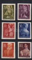 1944 Nagyasszonyok vágott sor, pici folt a 70f-en/Mi 754-759 ungezähnt, winz. Fleck auf 758