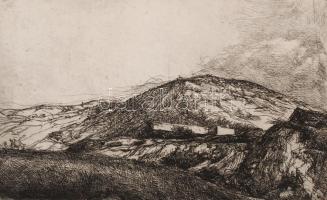 Varga Nándor Lajos (1895-1978): Dombos táj. Rézkarc, papír, jelzett, paszpartuban, 9×14 cm