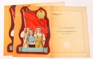 cca 1950 2 db kitöltetlen, kicsit sérült sztahanovista oklevél, benne különféle grafikákkal (aktok, stb.)
