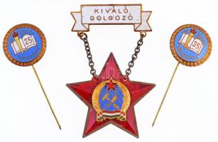 ~1950. "Kiváló Dolgozó" Rákosi-címeres zománcozott fém kitüntetés dísztokban + "Törzsgárda" zománcozott fém kitűző 25 és 35 év után T:2