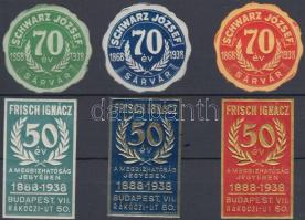 1938 Évfordulók 3-3 klf színű levélzáró és pecsétbélyeg