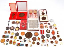 Doboznyi vegyes magyar és külföldi, főleg szocialista kitüntetés, jelvény, sportérem, emlékérem, több tokkal, közte "Kiváló Dolgozó" kitüntetése, "Szocialista Brigád" jelvények és plakett, 1968. "Békéscsaba / Városunkért 1718-1968" Br emlékérem (50mm), 1986. "Vasas SC 1911-1986" Br emlékérem eredeti tokban (70mm) T:vegyes