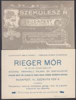 1905 Szekulesz R. Művirág-, sírkoszorú- és dísztollgyárának, valamint Rieger Mór Művirág-, preparált pálmák és dísztollgyárának reklámkártyái, hátoldalán okmánybélyegekkel