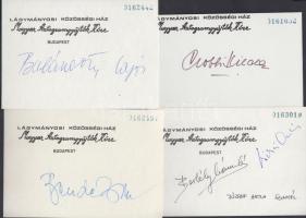 6 színész és énekes aláírása papírlapokon: Balázsovits, Bende Zsolt, Borbély László, Gobbi Hilda, Halász Judit, Jordán Tamás