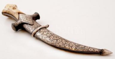 Indiai dísztőr, ezüst díszítéssel, csont markolattal, h:21 cm