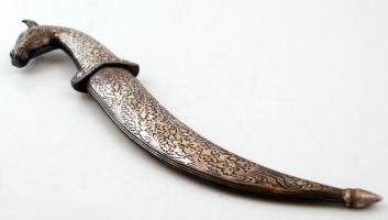 Indiai dísztőr, ezüst díszítéssel, lófejes markolattal, h:30 cm