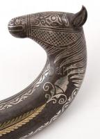 Indiai dísztőr, ezüst díszítéssel, lófejes markolattal, h:36 cm