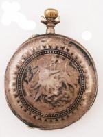 Remontoir másodperc mutatós zsebóra, vadász motívummal, nem működik, sérült