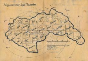 cca 1940 Magyarország "Légó" körzetei, hajtott térkép, kis szakadással, 30x22 cm