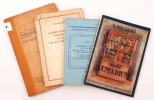 4 db különféle könyv: G.M. Malenkov: A Központi Bizottság beszámolója az SzK(b)P XIX. kongresszusának. Bp., 1952, Szikra. Kiadói papírkötés, gerincnél szakadt, kissé kopottas állapotban.; A.I. Molok: Németország és Ausztria 1815-1847-ben. Marx és Engels. A tudományos szocializmus keletkezése. Az 1848-as forradalom Németországban és az Osztrák Császárságban. A SzK(b)P Pártfőiskoláján tartott előadás gyorsírói jegyzete. Bp., 1952, Szikra. Kiadói papírkötés, jó állapotban.; Dr. Buga László: Orvosi almárium. Apró írások az egészségről. Kiadja az Egészségügyi Minisztérium Egészségügyi Felvilágosítás Osztálya. Kiadói papírkötés, jó állapotban.; Rákosy Zoltán: A magyar nemzet története világtörténelmi fejezetekkel. Első rész a polg. fiúisk. III. osztálya számára. Bp., (1936), Királyi Magyar Egyetemi Nyomda. Kiadói papírkötés, kissé kopott állapotban.