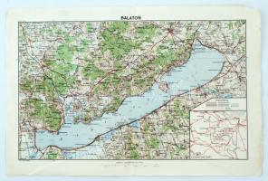 cca 1930 Balaton-térkép, 1:200.000, Magyar Királyi Állami Térképészet, résztérképen a Balatonra vezető vasutakkal, egyik szélén kis gyűrődéssel, 26×42,5 cm