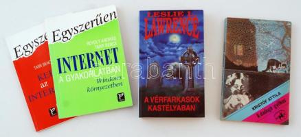 4 db különféle könyv: Kristóf Attila: A dadogó gyilkos. Bp., 1988, Kentaur Könyvek. Papíprkötésben, jó állapotban.; Leslie L. Lawrence: A vérfarkasok kastélyában. Bp., 2003, Gesta Könyvkiadó. Papírkötésben, jó állapotban.; Revoly András, Tarr Bence: Egyszerűen internet a gyakorlatban, Windows környezetben. Bp., 2001, Panem. Papírkötésben, jó állapotban.; Tarr Bence: Egyszerűen keresés az interneten. Bp., 2001, Panem. Papírkötésben, jó állapotban.