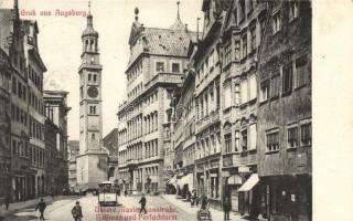 Augsburg, Untere Maximilianstrasse, Rathaus, Perlachturm / street, town hall, tower, tram