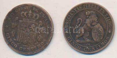 Spanyolország 1870OM 5c Cu + 1877OM 5c Br T:2-,3 Spain 1870OM 5 Centimos Cu + 1877OM 5 Centimos Br C:VF,F