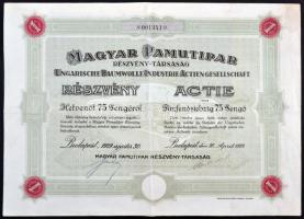 Budapest 1929. "Magyar Pamutipar Részvény-Társaság" részvény 75P-ről, szárazpecséttel, szelvényekkel T:III