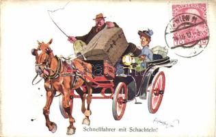 Schnellfahrer mit Schachteln / Fiaker, humour B.K.W.I. 927-7 s: Schönpflug (small tear)