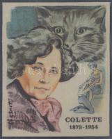 cca 1960 Sidone Gabreielle Colette  (1873-1954), francia írónő, varietéművész és újságírónőről készült mini selyemkép, 7,5x6cm