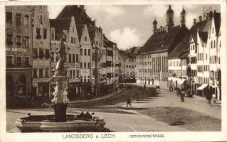 Landsberg am Lech, Herkomerstrasse / street, bank, fountain (EK)