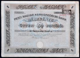 Budapest 1928. "Pesti Magyar Kereskedelmi Bank" részvénye 50P-ről, szelvényekkel, bélyegzéssel és szárazpecséttel T:III tűlyukak
