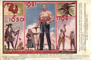 L'Allemagne s'avance en grandissant vers le jour de la délivrance; 1650-1792-1921; French National Alliance for the growth of the French population, German population is bigger than the French; propaganda card for the increasing of the French population s: Ludwig Hesshaimer (EK)