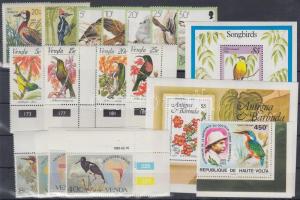 Birds motive 16 stamps + 2 blocks, Madár motívum 16 db bélyeg, közte teljes sorok, ívsarki értékek + 2 db blokk