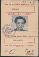 1948 Elek Ilona (1907-1988) kétszeres olimpiai bajnok, hatszoros világbajnok magyar tőrvívó; a magyar sport első női olimpiai aranyérmesének XIV. Londoni Olimpiai játékokra kiállított arcképes személyazonosító igazolványa