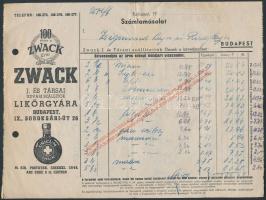 cca 1906-42 Zwack J. és Társai számlamásolat és levelezőlap