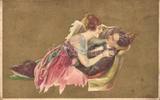 Gold Italian art postcard, romantic couple, Anna & Gasparini 18-1.  (fl)