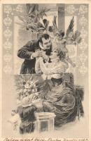 Romantic couple, angel, pig, Art Nouveau, Nr. 869. (small tear)