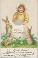 Easter, girl, rabbits, egg, Emb. litho