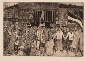 Stettner Béla (1928-1984): Felvonulás. Rézkarc, papír, jelzett, 19×28 cm