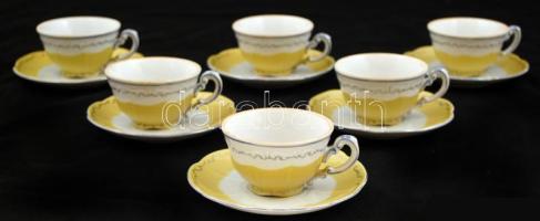 Zsolnay mokkás csésze és alj (6db), kézzel festett, jelzett, kopott