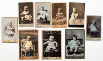 cca 1890-1910 9 db különféle, gyerekekről készült keményhátú fotó, Hegedűs Vilmos/Hegedűs Vilmosné/Hegedűs Vilmos utóda és Fridrich János szentesi műtermeiből, egy részük hátulján feliratozva, különböző méretben