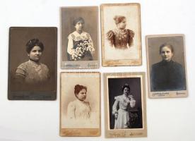 cca 1890-1910 6 db különféle, fiatal lányokról és nőkről készült keményhátú fotó, Hegedűs Vilmosné, ill. Hegedűs Vilmos utóda szentesi műterméből, egy részük hátulján feliratozva, különböző méretben