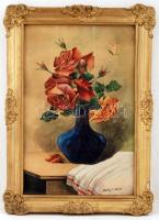 Molnár jelzéssel: Csendélet rózsákkal, vegyes technika, papír, üvegezett, sérült fa keretben, 41,5×27 cm