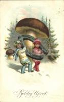 New Year, children, mushroom, horseshoe, litho (b)
