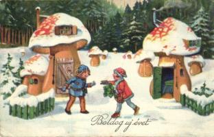 New Year, children, mushroom houses, W.S.S.B. 8163.  (EB)
