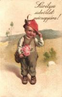 Névnapi üdvözlő, L&P 1693. litho, Name day, boy, L&P 1693. litho